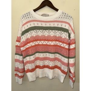 LOFT Striped Open Knit Pointelle Sweater Large L Pink Orange Green Crochet-Look